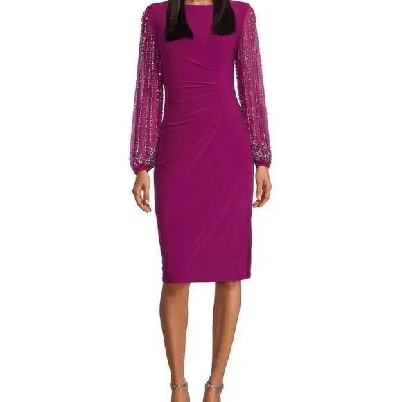 Marina Beaded Mesh Long Sleeve Side Drape Dress Size 8 - Picture 6 of 9